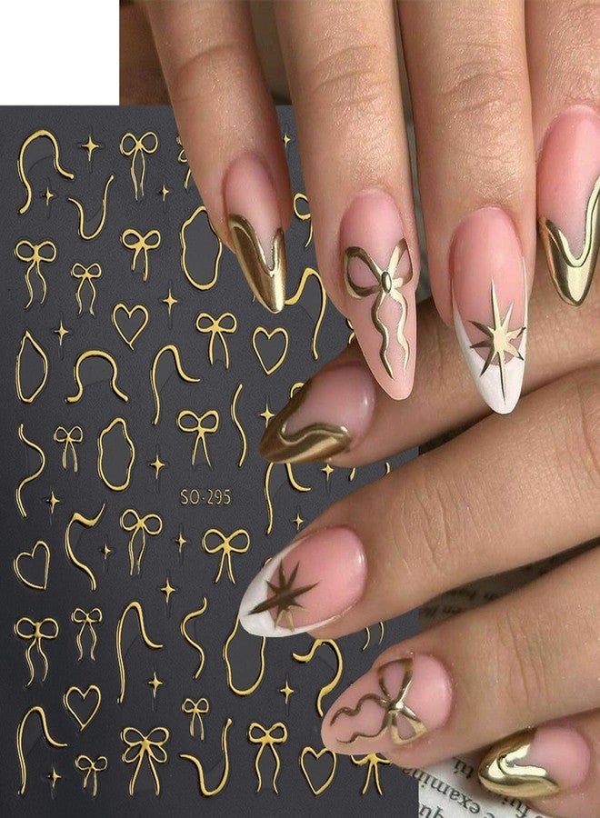 BSBTBZ 4Sheets Gold Silver Bows Nail Art Stickers 3D Cute Red Bows Heart Nail Decals for Acrylic Nails Self-Adhesive Irregular Lines Designs Nail Stickers Love Star Nail Decal for Women DIY Manicure Decor - Image 2